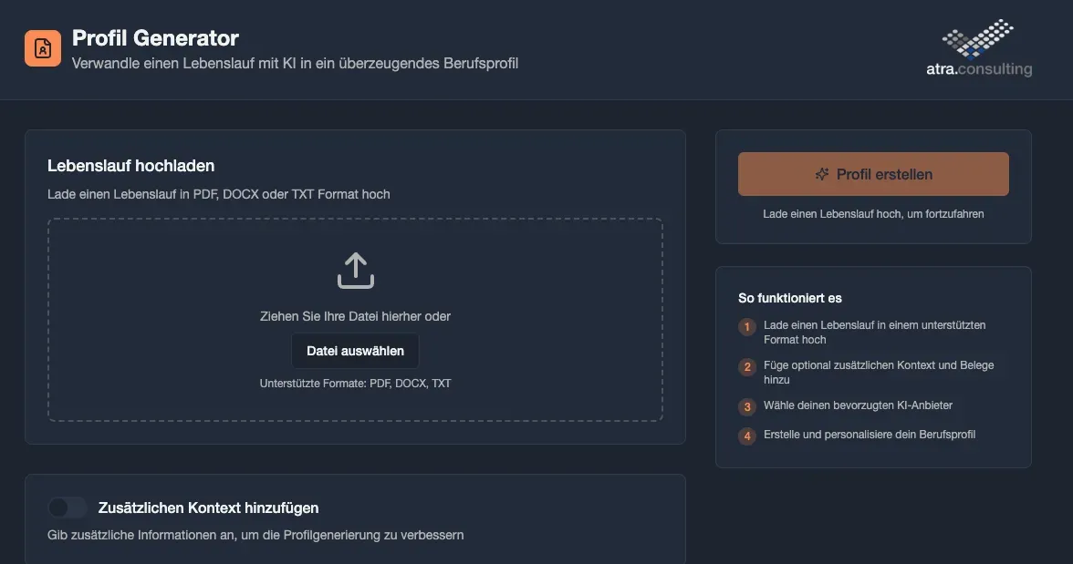 Startseite des Profilgenerators im Corporate Design mit Dark Theme