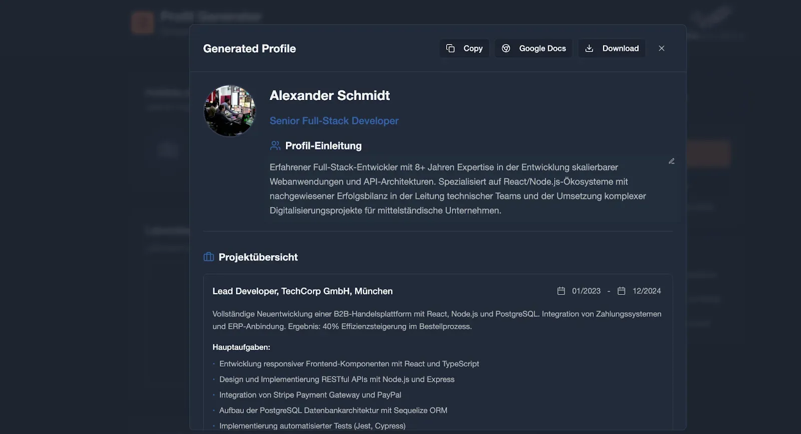 Generiertes Beraterprofil mit Mock-Daten und Exportfunktionen