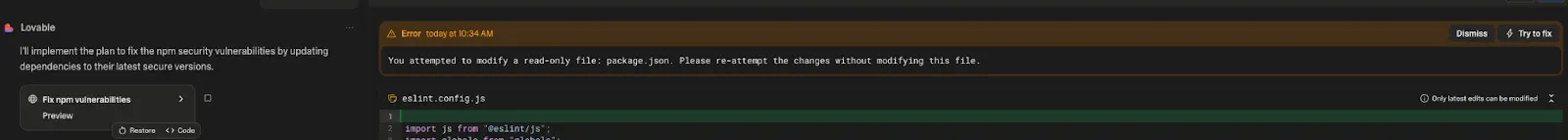Lovable kann npm audit fix wegen fehlender Schreibrechte nicht ausführen