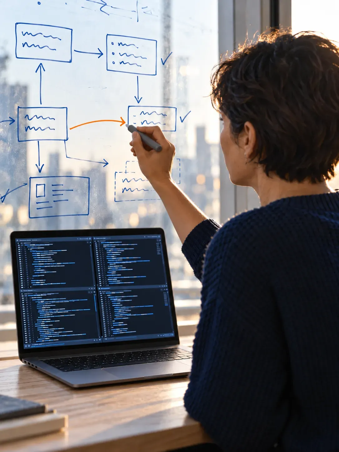 Eine Entwicklerin zeichnet einen orangen Pfeil in ein Architekturdiagramm auf einer Glastafel, während auf ihrem Laptop daneben vier Code-Fenster gleichzeitig weiterlaufen