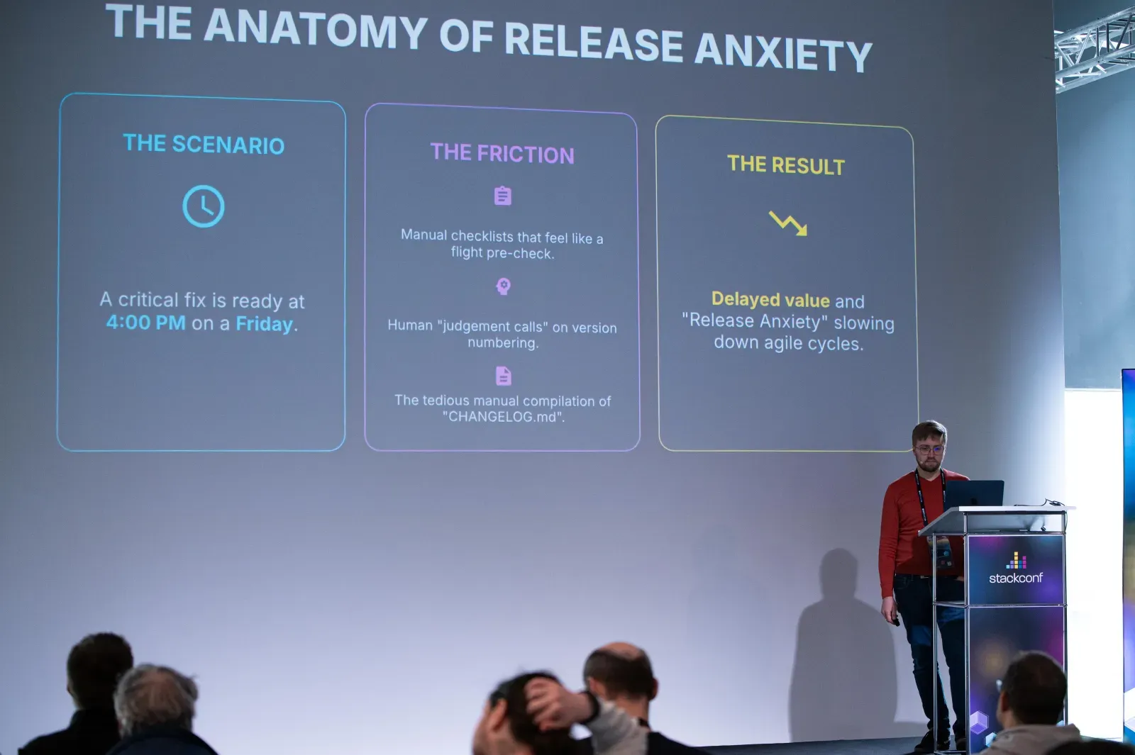 Vortragsfolie «The Anatomy of Release Anxiety» mit den Spalten Scenario, Friction und Result; Daniel Schock am Rednerpult