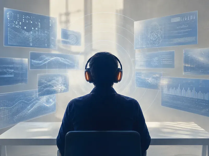 Der Podcast-Architekt mit Kopfhörern, umgeben von Technologie-Trends