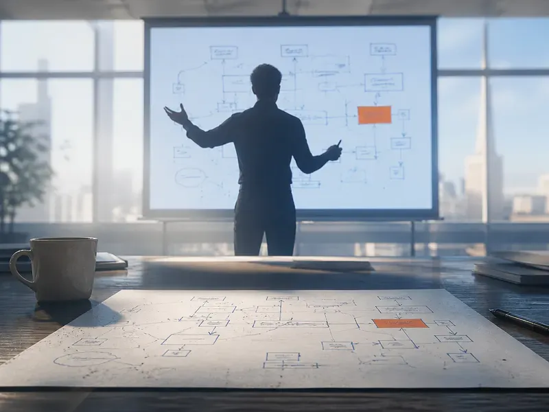 Der Powerpoint-Architekt vor einem Diagramm aus Kästchen und Pfeilen