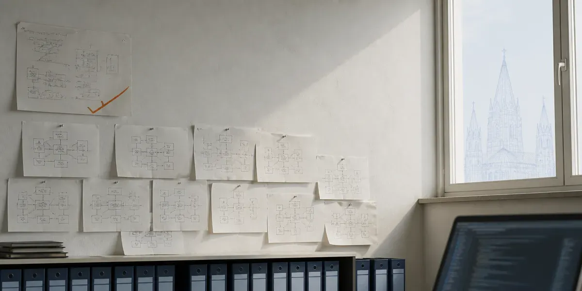 A sunlit studio wall pinned with a dozen equally plain hand-drawn architecture sketches; above them one larger sheet carries a freshly drawn orange approval tick, and through the window beyond runs the fine line contour of Mainz Cathedral