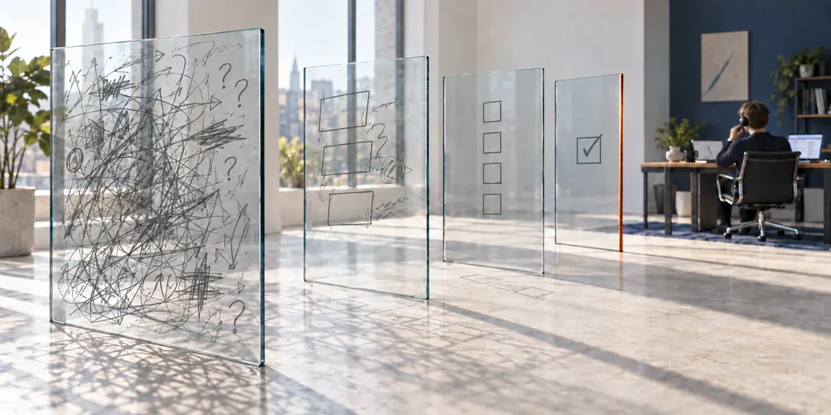 Four glass panes standing one behind another in a sunlit office: the front pane is covered in a dense tangle of grey scribbles and question marks, the next ones carry fewer and more orderly marks, the last shows only a single ticked box and has an orange edge — behind it a person with a headset works calmly at a desk