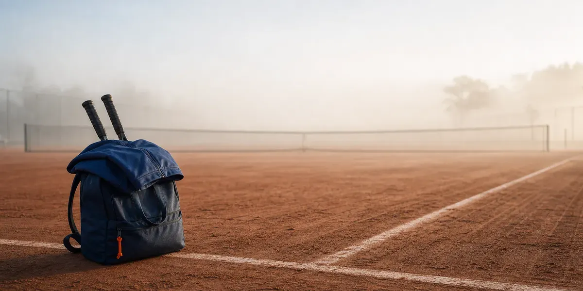 Leerer roter Sandplatz im ersten Morgenlicht, Blick über die Grundlinie zum Netz im Dunst, im unteren Bilddrittel eine abgewetzte Tennistasche mit Schlägern