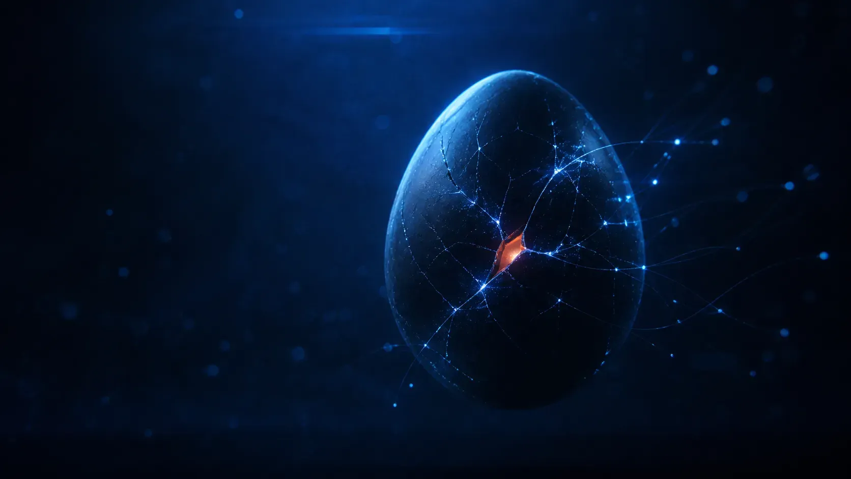 Cinematische Aufnahme: ein dunkles, eierförmiges Glasobjekt mit feinen Rissen, aus denen blaue Lichtpartikel und filigrane Datenlinien strömen; im größten Riss glüht ein warmer Orange-Akzent.