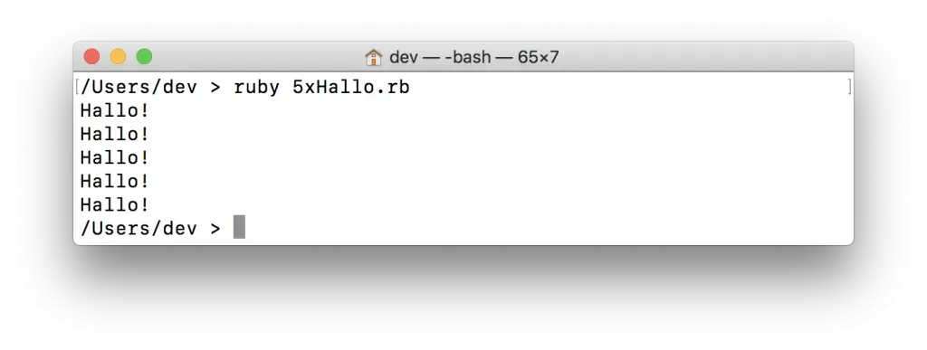Terminal-Ausgabe: der Befehl »ruby 5xHallo.rb« gibt fünfmal »Hallo!« aus