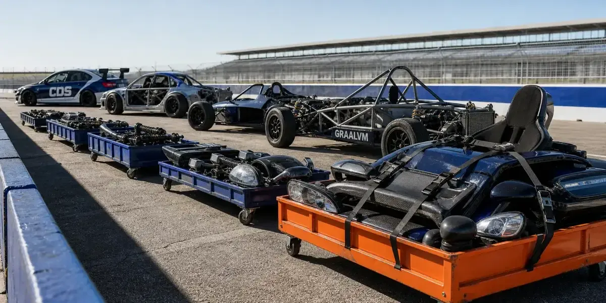 Four race cars lined up in a pit lane, each one stripped further back than the last — from a fully bodied saloon to a bare tubular prototype. In front of each stands a trolley carrying exactly the parts that car no longer has; the fullest one, painted orange, sits in the foreground