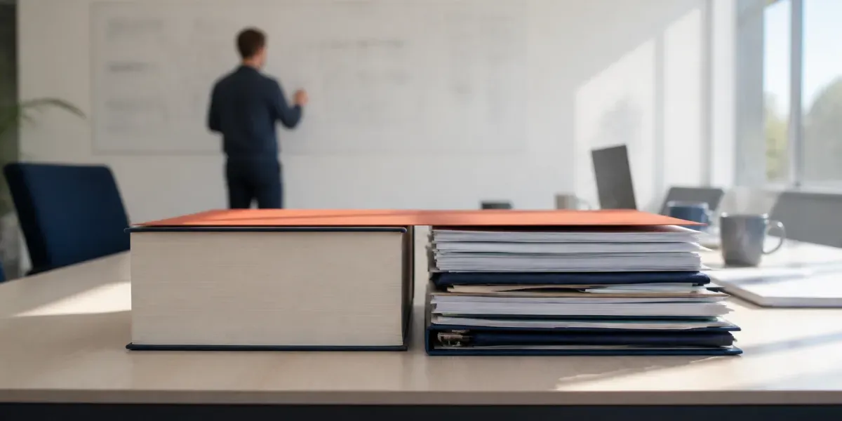 Zwei exakt gleich hohe Papierstapel auf einem Besprechungstisch — links ein einzelner gebundener Band, rechts ein Dutzend Einzellagen —, über beiden liegt ein orangefarbenes Blatt