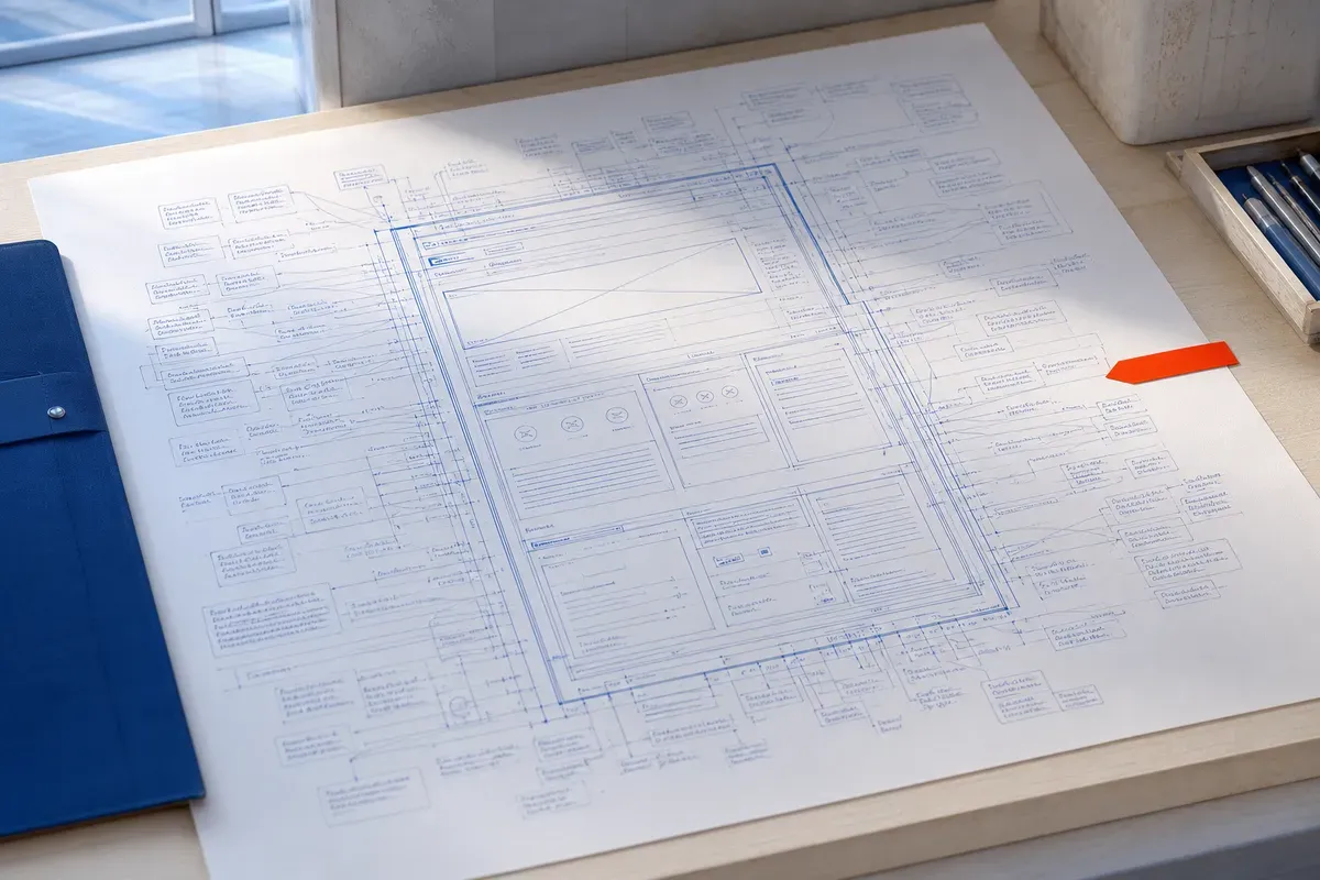A user-interface wireframe on a bright drafting table, overloaded with dozens of tiny annotation labels and measurement lines crowding every edge, a single orange callout marker on the right — symbolising excessive specification
