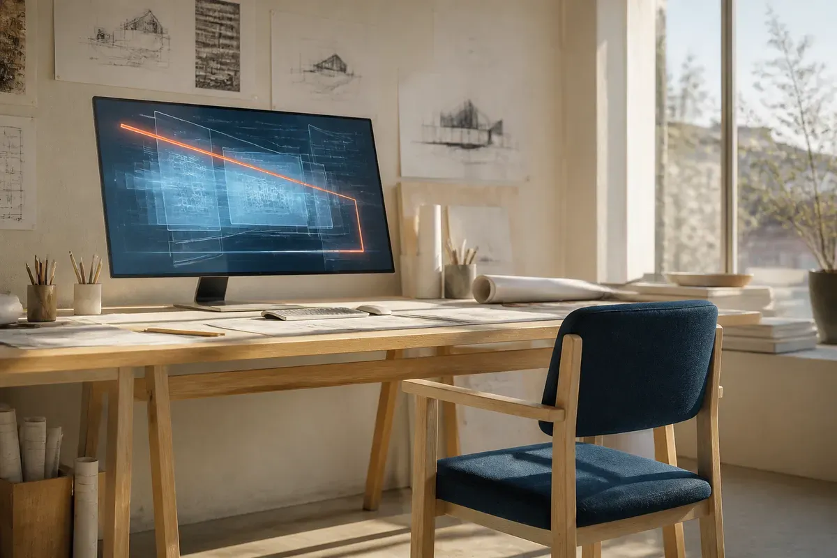 An empty designer's chair pushed back from a sunlit drafting desk, while a screen on the desk still glows with an orange accent and keeps assembling itself — symbolising stepping back and trusting the system