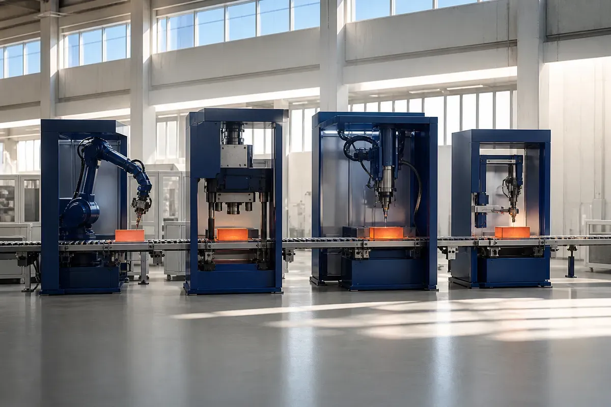 An automated assembly line in a bright daylit hall: glowing workpieces travel along a conveyor between four distinct robotic stations that hand them on one to the next — symbolising specialist subagents with clean handoffs