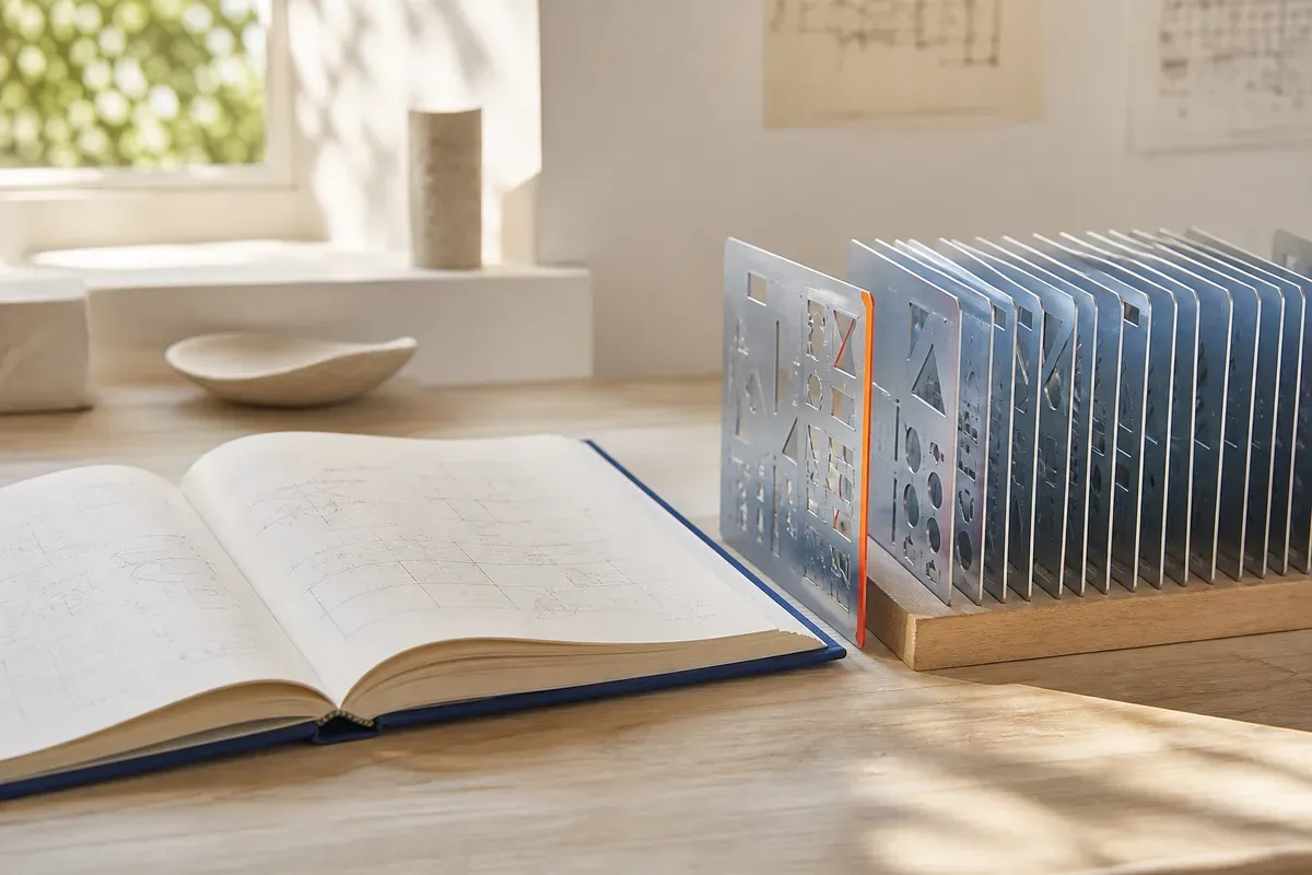 An open hardcover playbook on a sunlit wooden desk beside a row of identical reusable stencil plates, the one currently in use drawn out and edged in warm orange — symbolising codified, reusable institutional knowledge