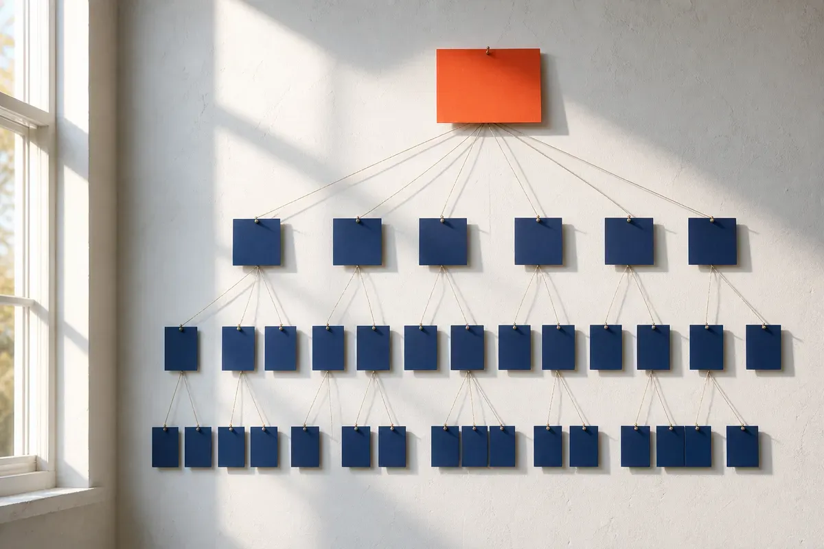 A sunlit planning wall with one large orange card at the top, connected by threads branching downward into many smaller navy cards arranged in an ordered tree — symbolising a high-level intent decomposed into user stories