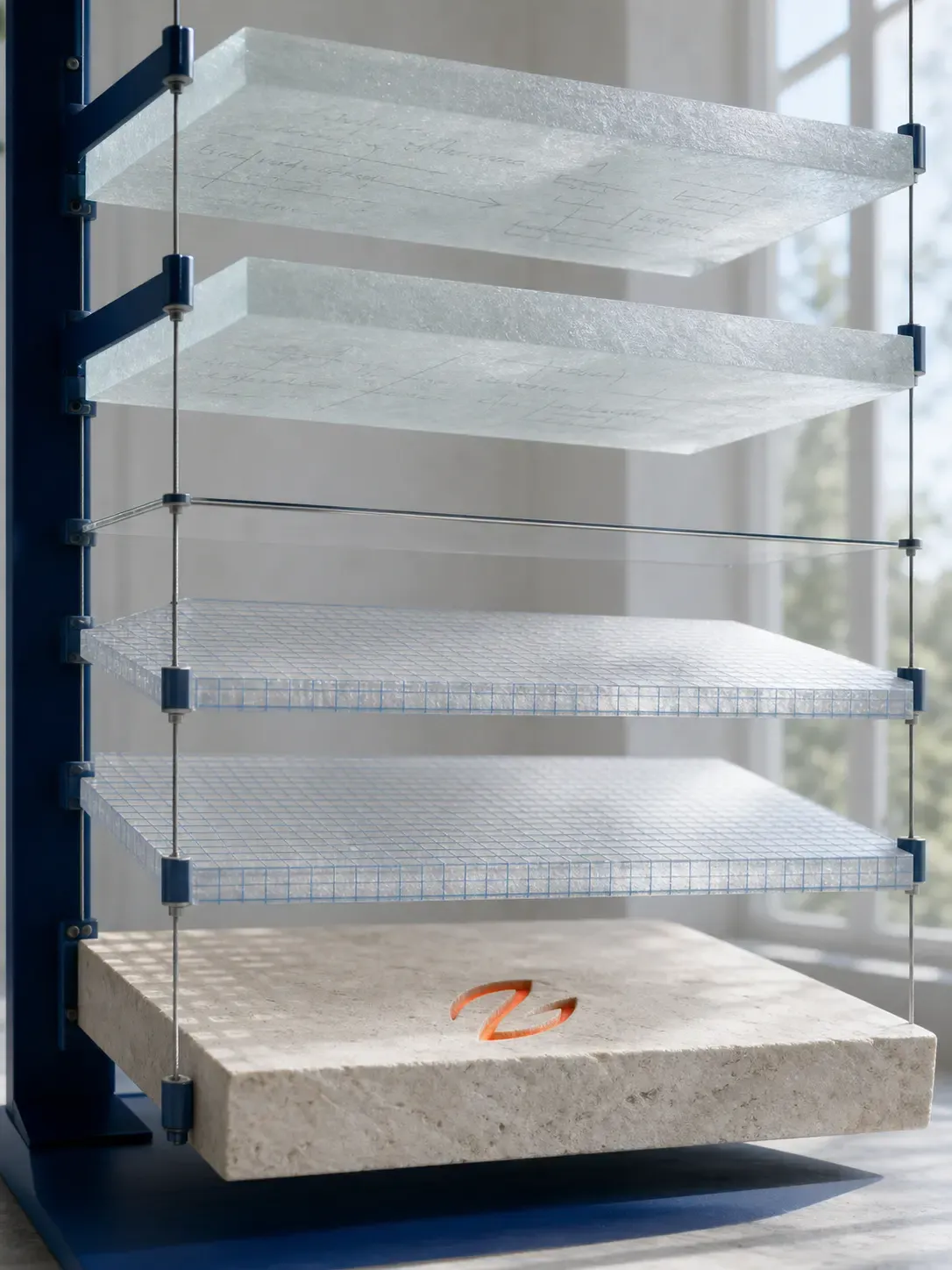 Ein Stapel schwebender Glasscheiben in tiefblauer Halterung: oben zwei mattierte Scheiben mit eingeritzten Notizen, in der Mitte eine kaum sichtbare dünne Scheibe, darunter zwei mit feinem Messraster, zuunterst ein Steinsockel mit einem orangen Freigabe-Abdruck — Sinnbild dafür, dass Qualität nicht im Modell entsteht, sondern in den Schichten darum herum.