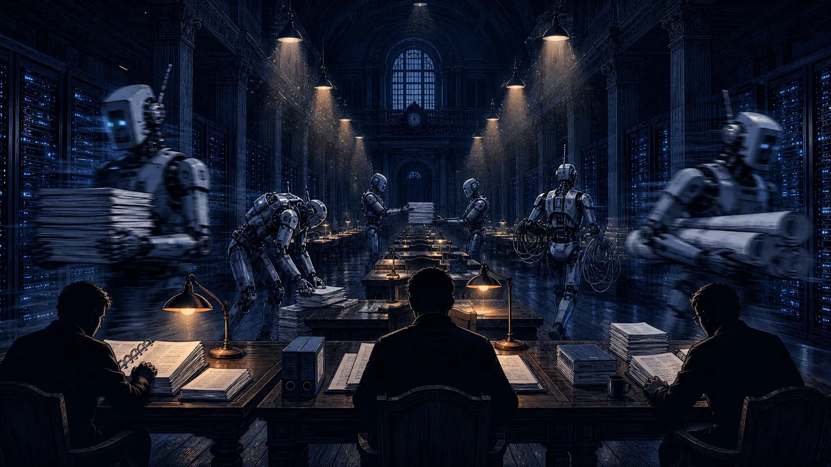 Editorial Illustration: Drei Entwickler lesen konzentriert an einem Tisch in einer alten Bibliothek, während humanoide Roboter mit Motion-Blur Dokumente zwischen den Tischen transportieren