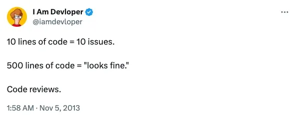 Tweet von @iamdevloper: '10 lines of code = 10 issues. 500 lines of code = looks fine. Code reviews.'