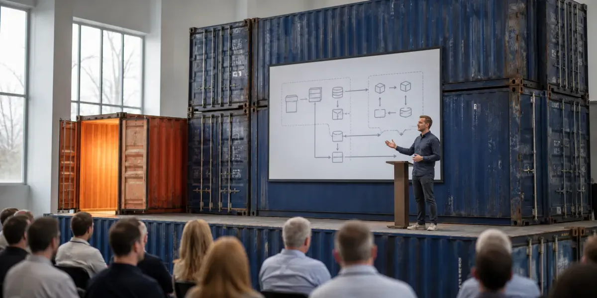 Konferenzsaal, dessen Bühne aus gestapelten Seecontainern gebaut ist: ein Sprecher am Pult vor einer Leinwand mit einem Architekturdiagramm, links daneben steht ein oranger Container offen und warm beleuchtet