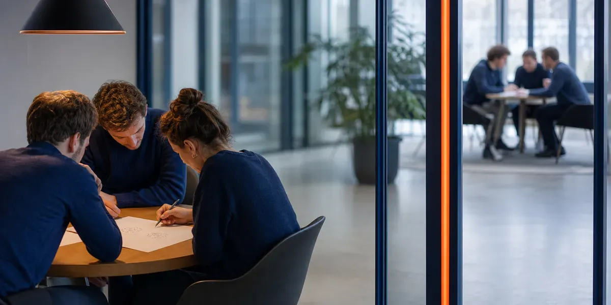 Drei Kolleginnen und Kollegen arbeiten dicht beieinander über einer Papierskizze, dahinter trennt eine Glaswand mit einer orange leuchtenden Fuge den Raum von einem zweiten Team
