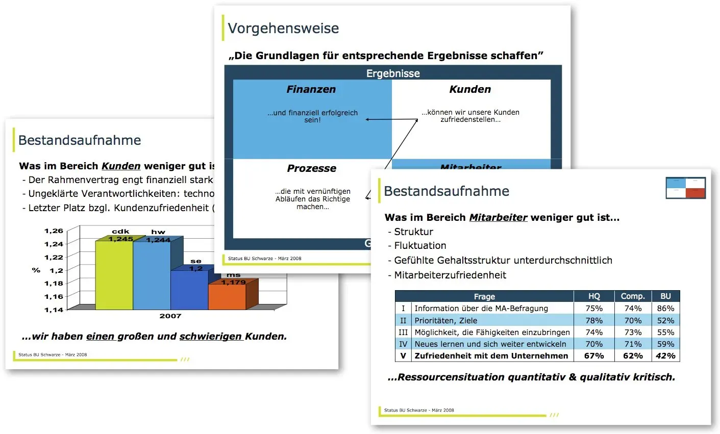 Auszüge aus einer realen Organisationsanalyse: Bestandsaufnahme der Bereiche Kunden und Mitarbeiter sowie die abgeleitete Vorgehensweise entlang der vier Quadranten
