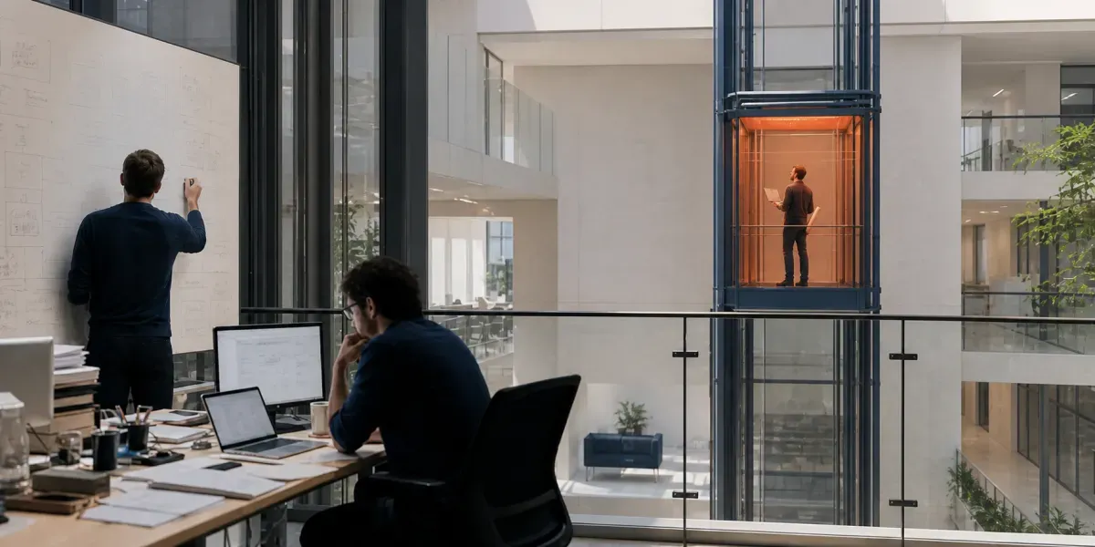 Blick von einer Arbeitsebene über den Luftraum eines Bürogebäudes auf einen gläsernen Aufzug, in dem eine Person mit Laptop zwischen zwei Etagen steht