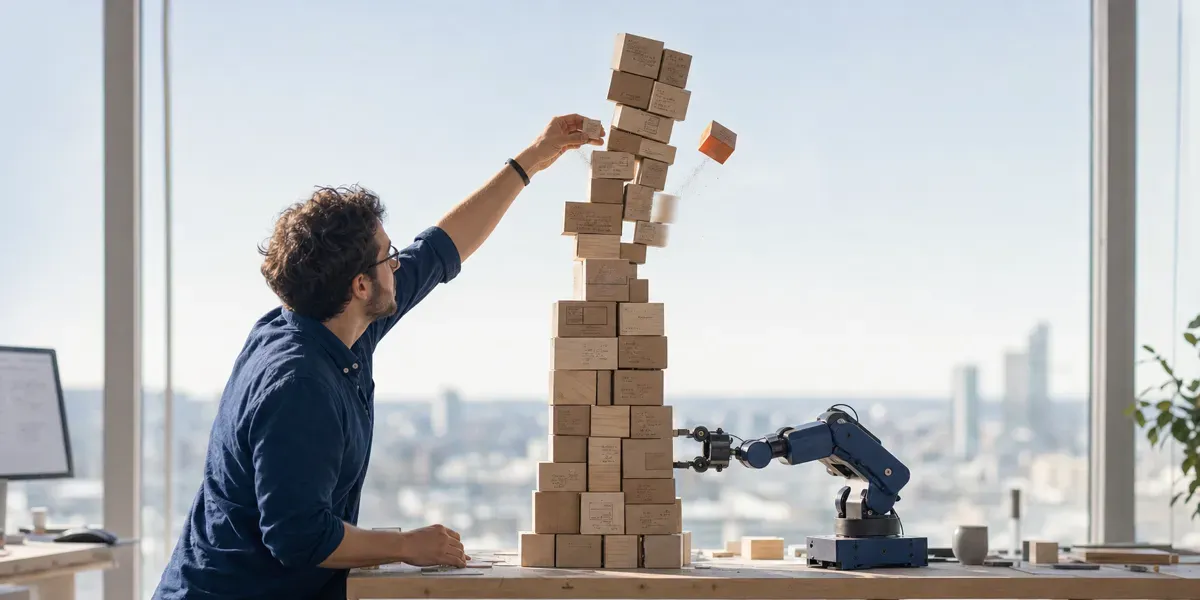 Illustration eines Entwicklers, der mit einem KI-Roboter Code-Bausteine stapelt