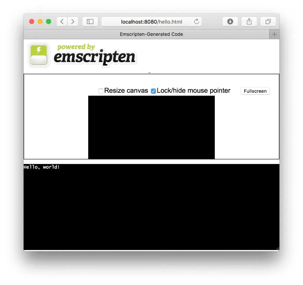 »Hello, world!« als nach WebAssembly kompiliertes C-Programm im Browser