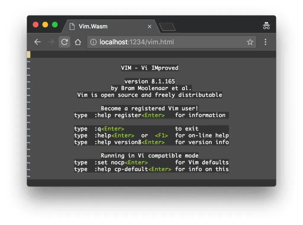 Der Editor VIM, nach WebAssembly kompiliert und im Webbrowser lauffähig