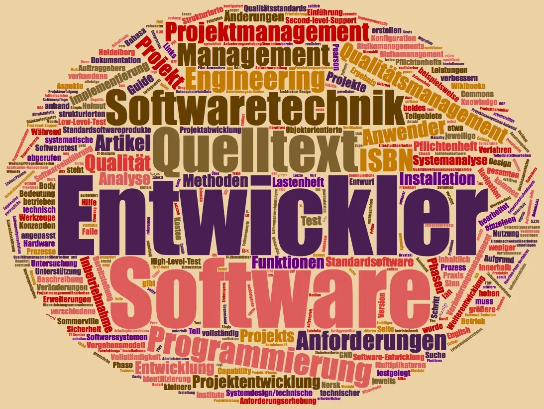 Wortwolke rund um die Begriffe Programmierer, Softwareentwickler, Softwareingenieur und Software Engineer