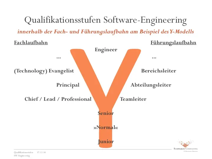 Das Y-Modell der Qualifikationsstufen im Software Engineering mit Fach- und Führungslaufbahn